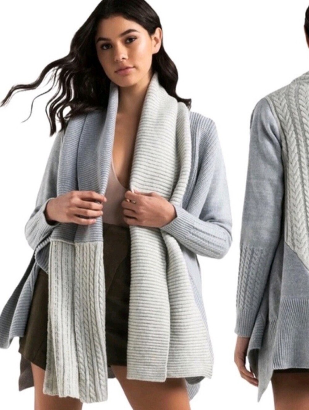 Fate Women's Asymmetrical Knit Cable Ribbed Open Cardigan Sweater Oversized S